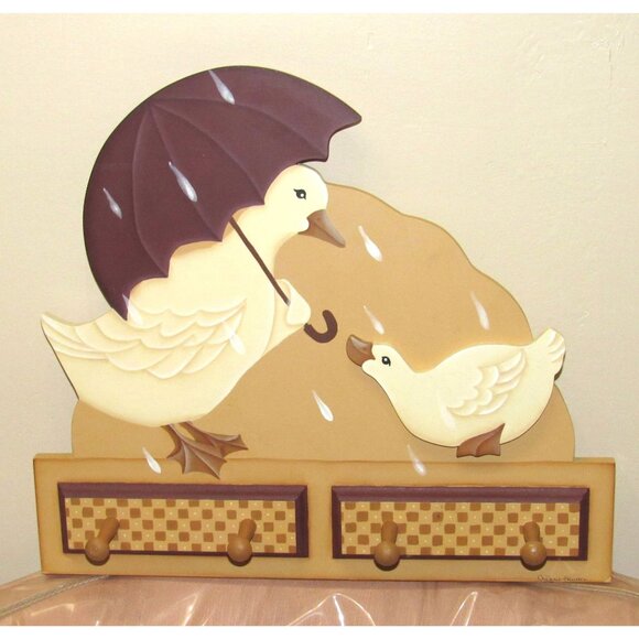 Decorative Wooden Duck Wall Hook Rack With Four Pegs & Umbrella Design - Picture 5 of 11